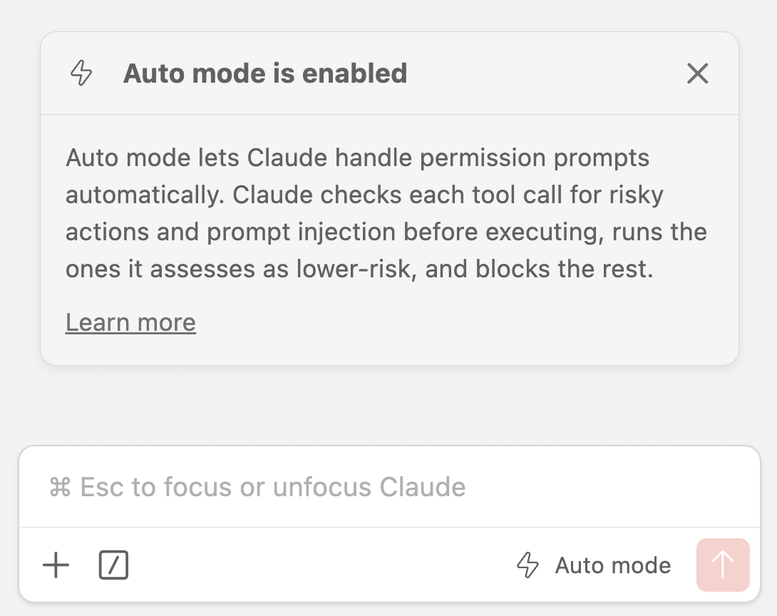 Screenshot of the Claude Code interface, showing the 'Auto Mode' message
