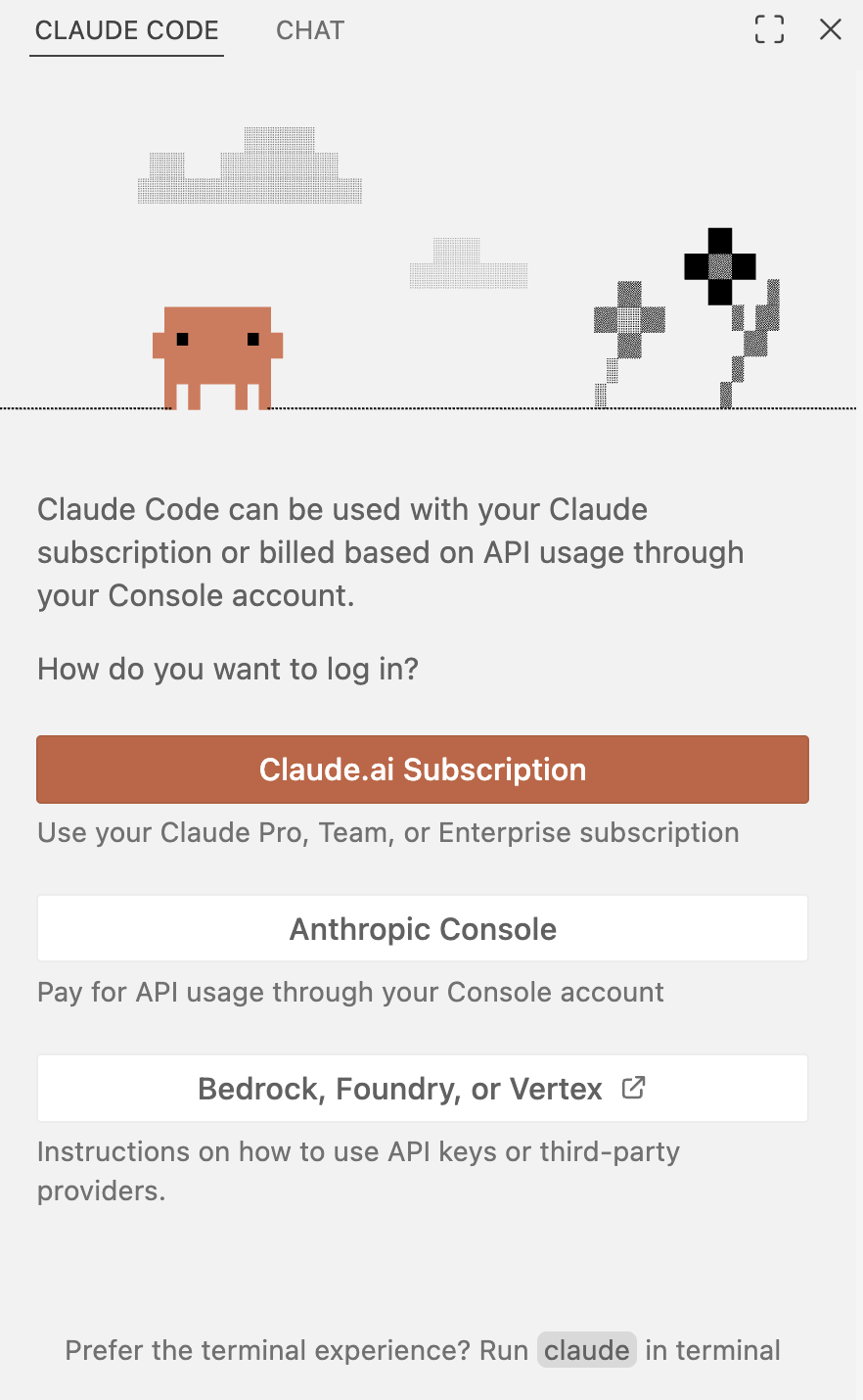 Screenshot of the Claude Code interface, showing the first window after logging in, with a message indicating that you are not authenticated yet