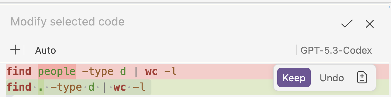 Screenshot of Copilot inline chat feature, showing a code snippet and the 'Chat about this code' option in the context menu