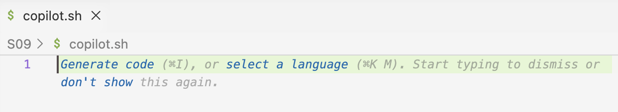 Screenshot of Copilot ghost text when you open a new shell file