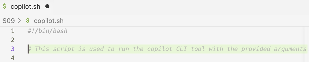 Screenshot of Copilot ghost text when you open a new shell file