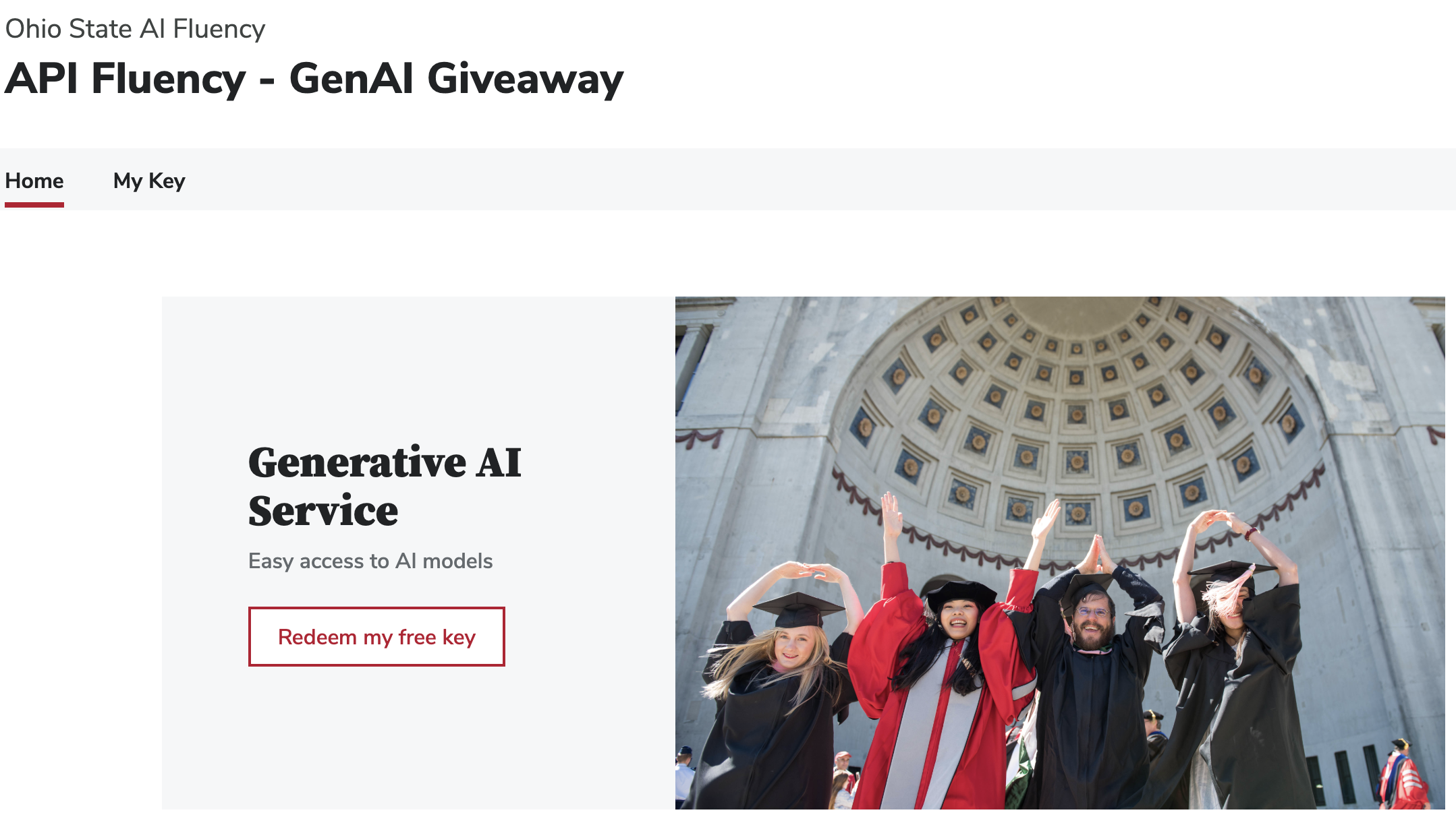 Screenshot of the OSU Generative AI Service website, showing the 'Redeem my free key' button highlighted