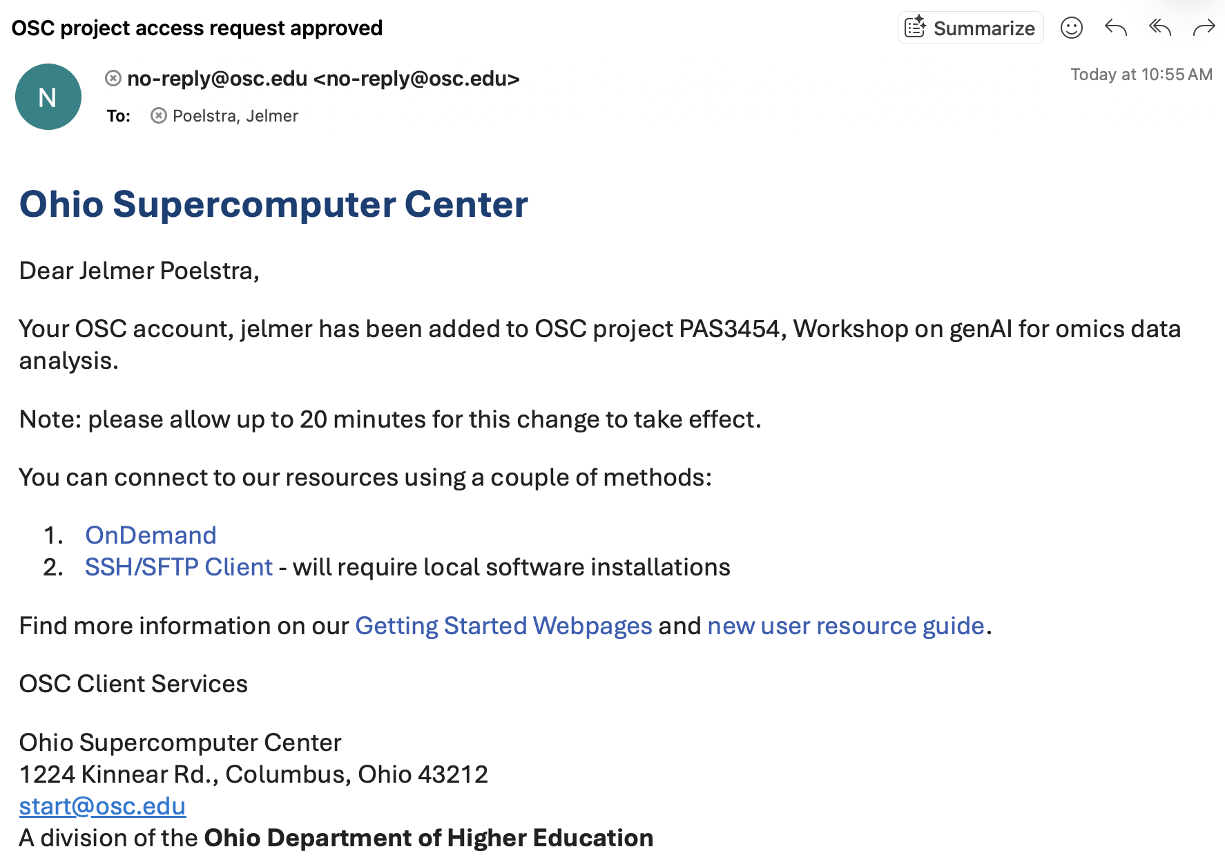 Screenshot of the OSC email inviting you to the workshop project