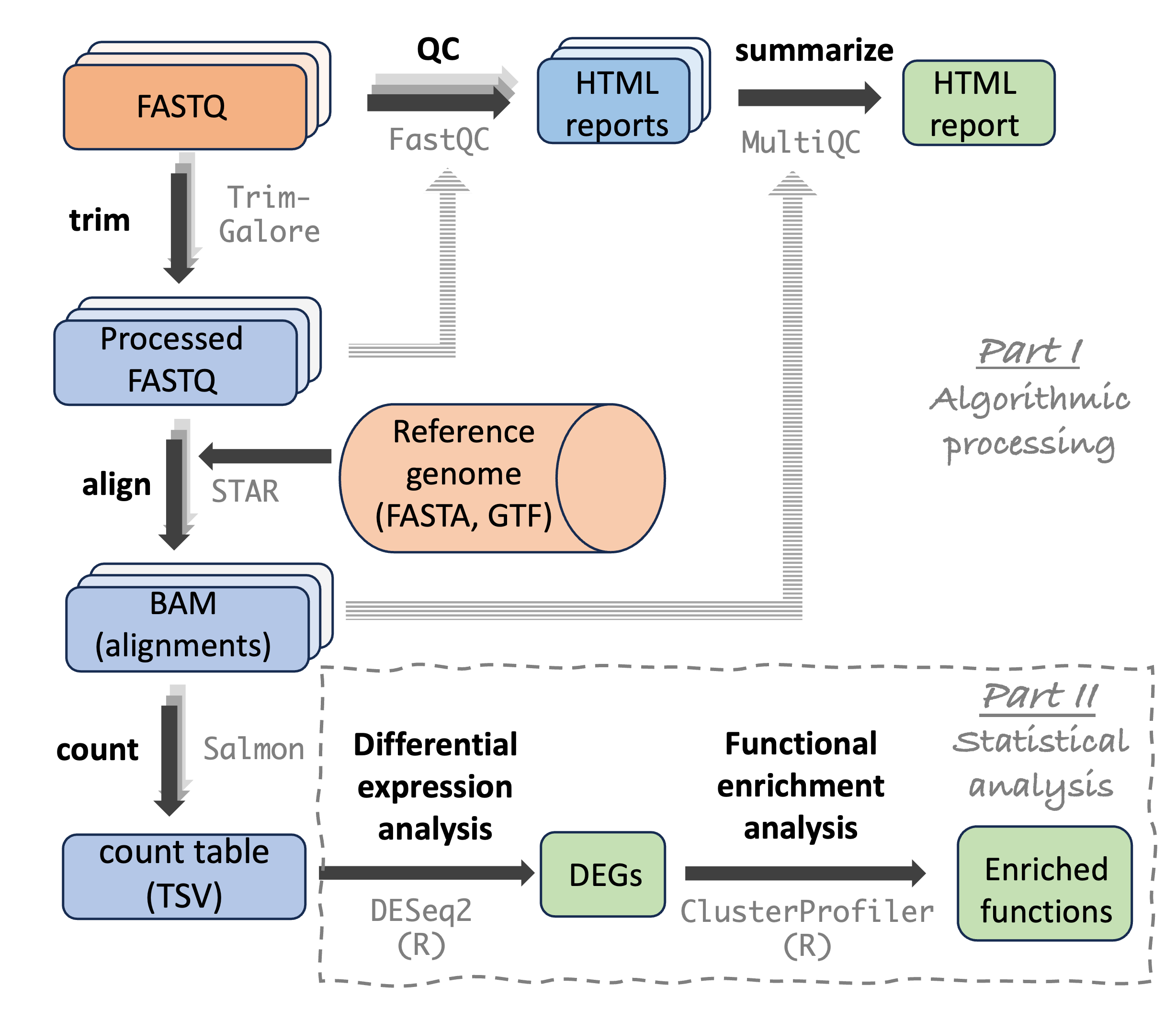 A diagram showing the steps in an RNA-Seq analysis pipeline.
