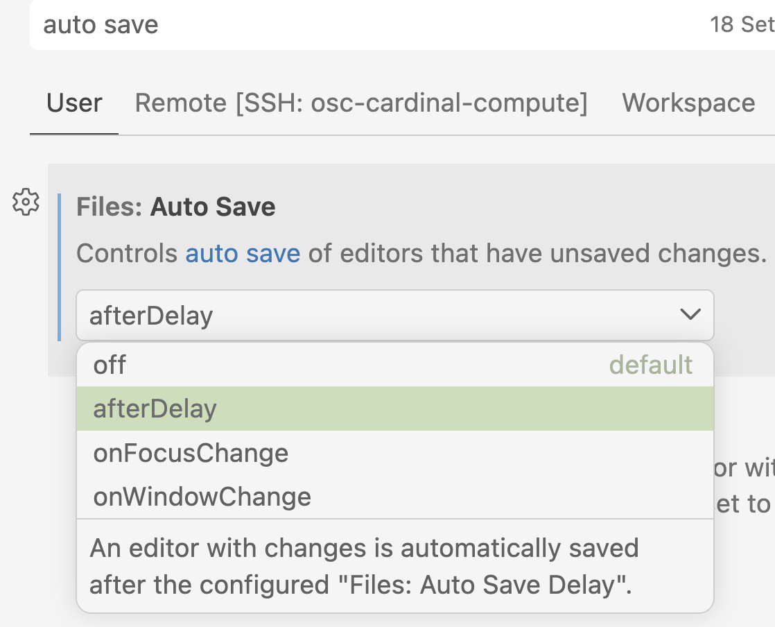 Screenshot of the VS Code Settings, showing the 'Files: Auto Save' option highlighted