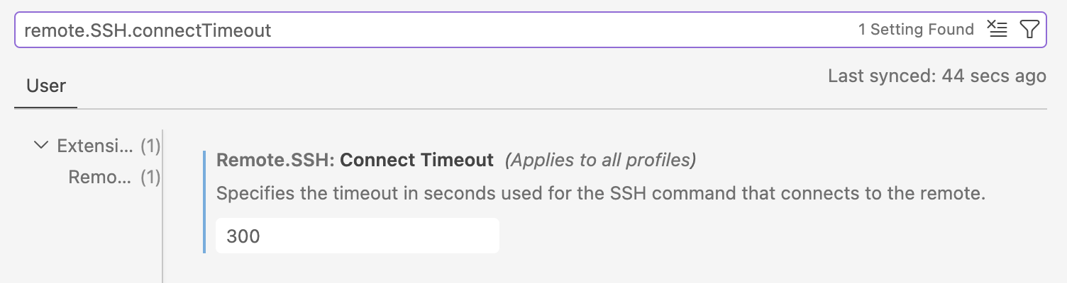Screenshot of the VS Code Settings, showing the 'Remote.SSH: Connect Timeout' option highlighted