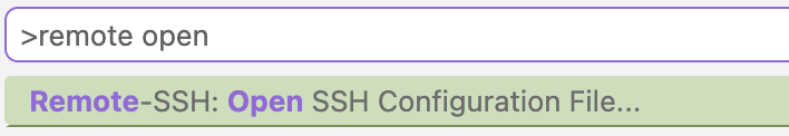 Screenshot of the VS Code Command Palette, showing the 'Remote-SSH: Open SSHConfiguration File...' option   highlighted