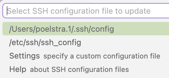 Screenshot of the VS Code Command Palette, showing the 'Remote-SSH: Open SSH Configuration File...' option  highlighted