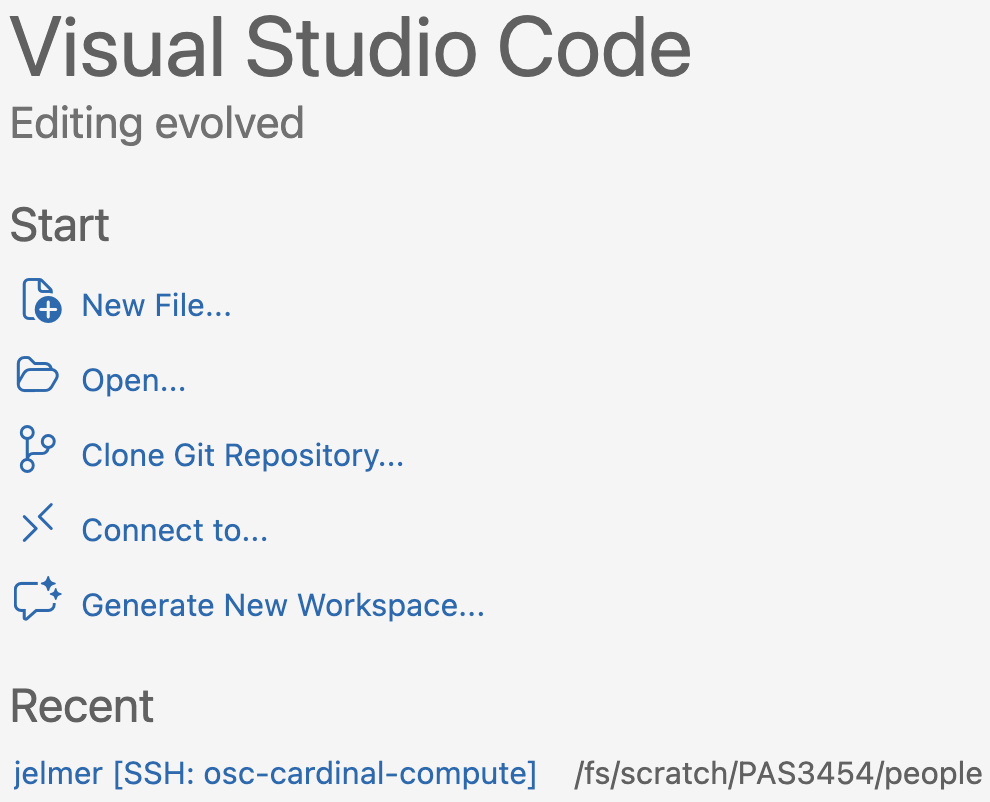 Screenshot of the VS Code Welcome document, showing the 'Recents' section with the 'Open Folder...' button highlighted