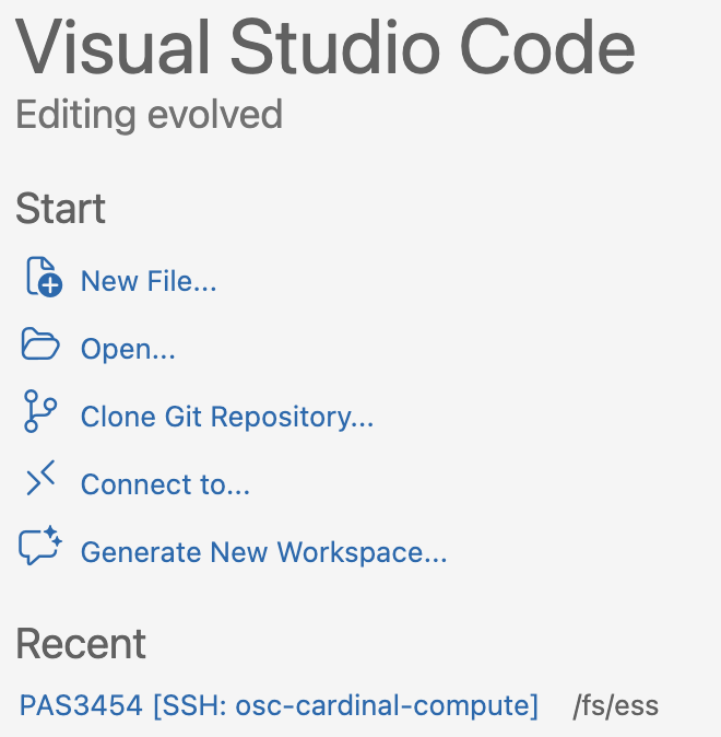 Screenshot of the VS Code Welcome document, showing the 'Recents' section with the 'Open Folder...' button highlighted