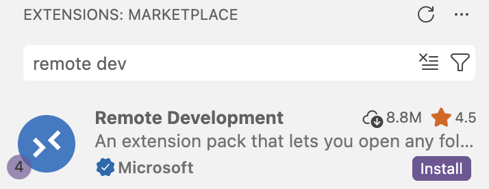 Screenshot of the VS Code Remote Development extension