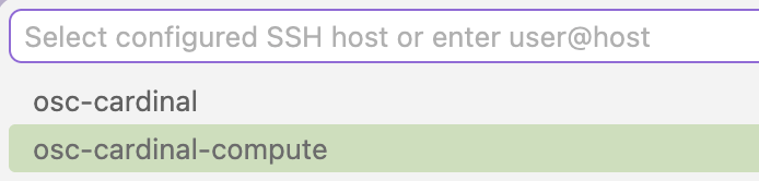 Screenshot of the VS Code Command Palette, showing the 'SSH: Connect to Host' option highlighted