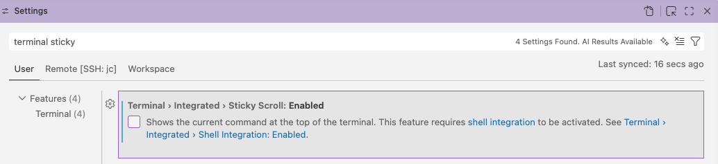 Screenshot of the VS Code Settings, showing the 'Terminal > Integrated: Sticky Scroll' option highlighted