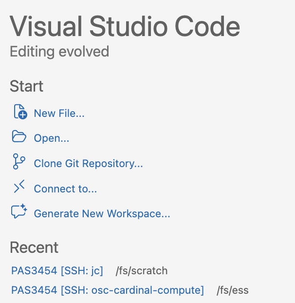 Screenshot of the VS Code Welcome document, showing the 'Open Folder...' button highlighted