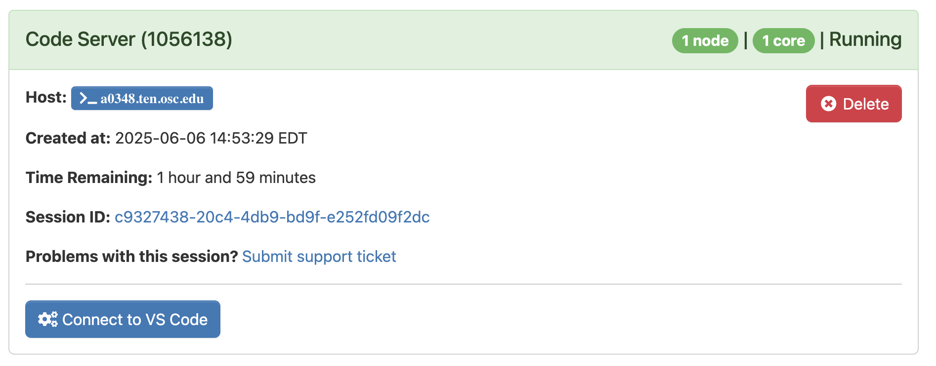 A screenshot of the OSC OnDemand page shown when the Code Server job has started running.
