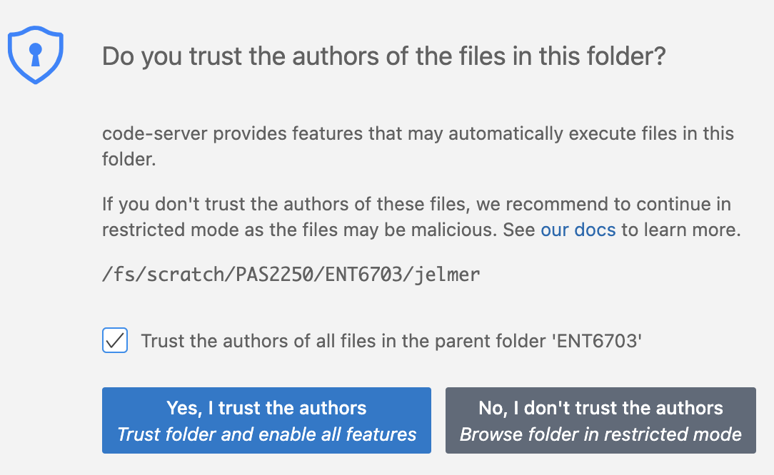 A screenshot of a popup you may get when first opening a folder in VS Code.
