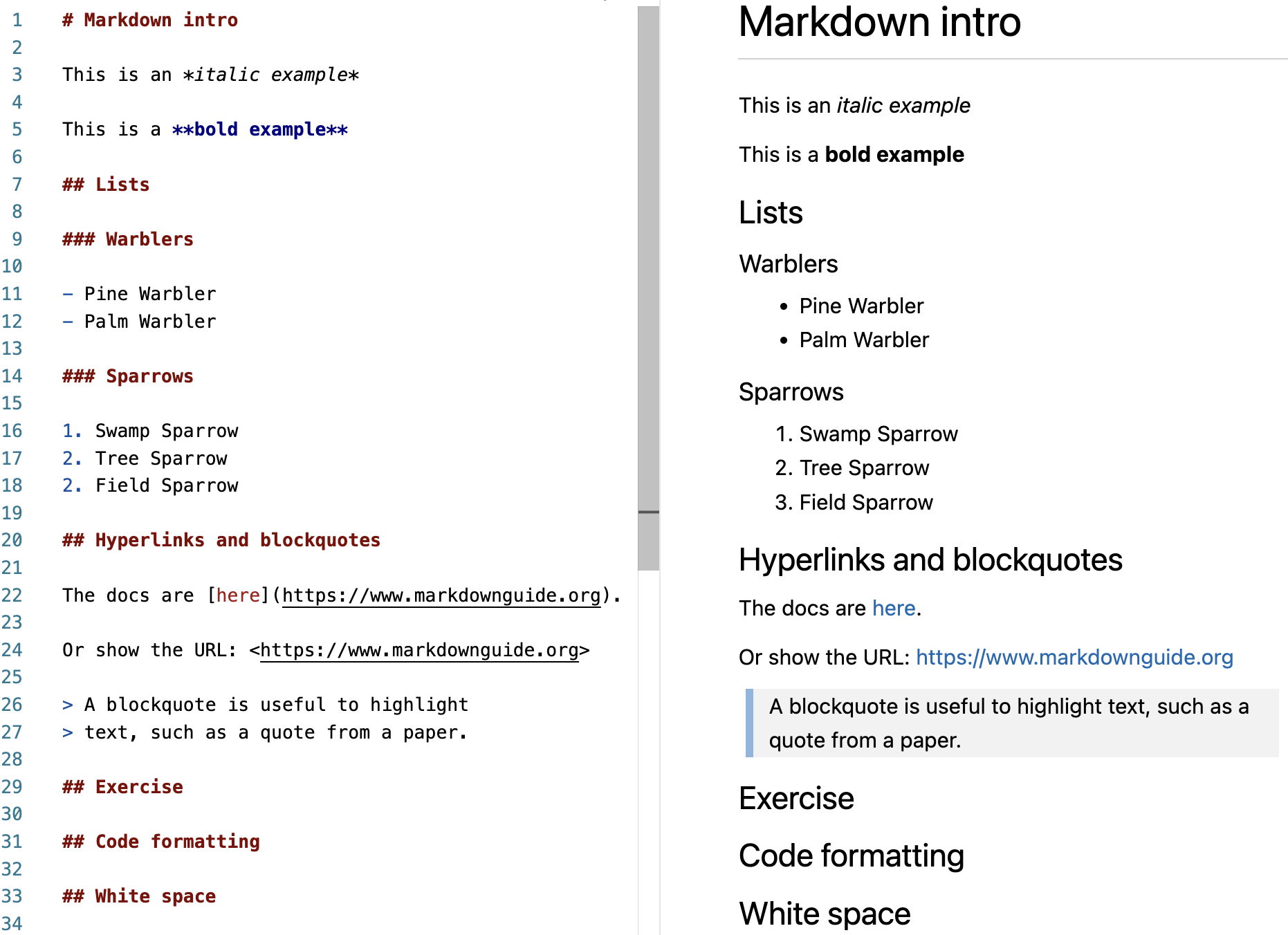A side-by-side screenshot of a source Markdown document and its VS Code preview.