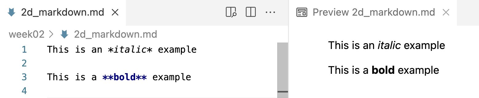 A side-by-side screenshot of a source Markdown document and its VS Code preview.