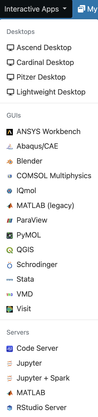 A screenshot of the options in the OSC OnDemand Interactive Apps dropdown menu.