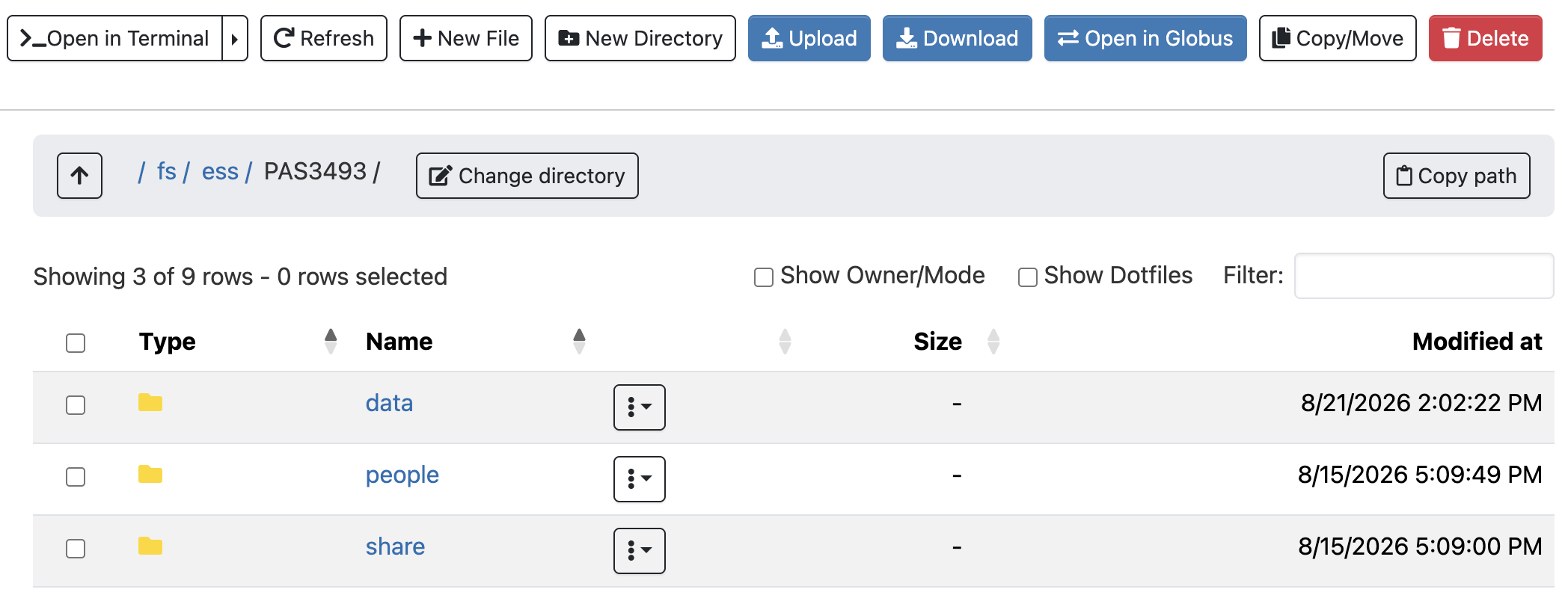 A screenshot of the OSC OnDemand file browser.