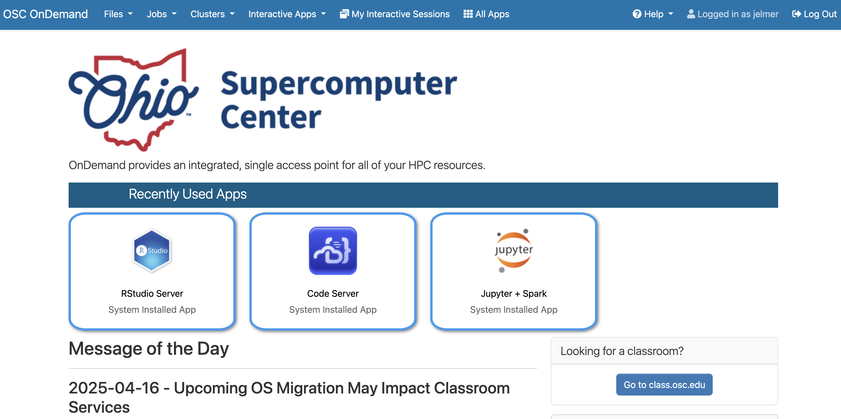 A screenshot of the OSC OnDemand landing page
